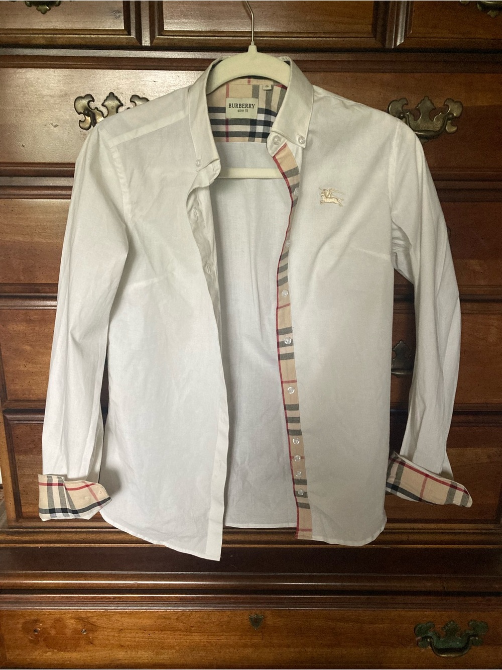 Burberry White Button-Up with Nova Check Trim